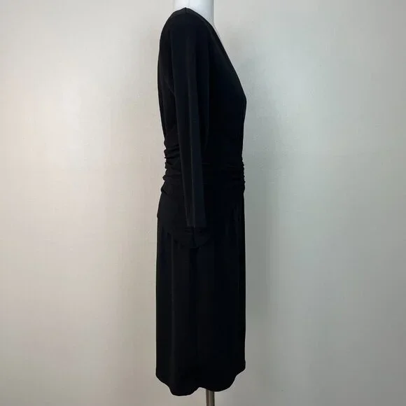 Ann Taylor Sheath Dress 6 Black Shirred Waist 3/4 Sleeve V-Neck Stretch Women's - Picture 6 of 11